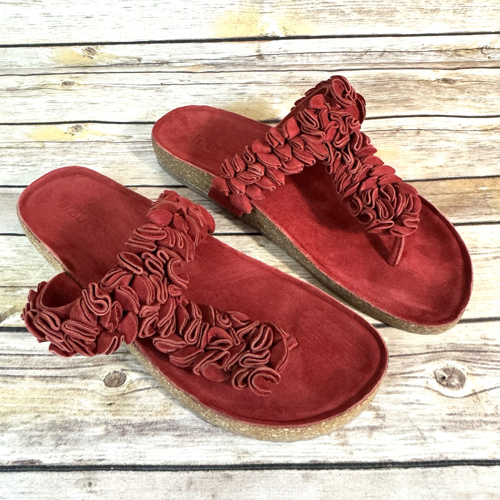 Sesto Meucci Womens Red Suede Leather Cork Wdege Ruffle Thong Flip Flop Sandals